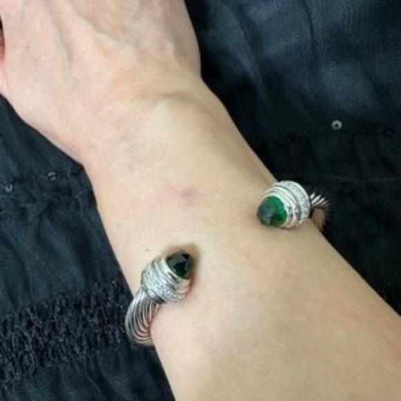 David Yurman Bracelet 7mm Sterling Silver Prasiolite Diamond Cable Classic Cuff - Picture 5 of 6